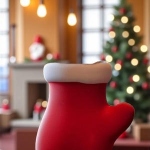 May include: A red mitten-shaped decorative item with a white cuff. The mitten is the focal point, set against a blurred background featuring a Christmas tree and festive decorations, evoking a holiday theme.