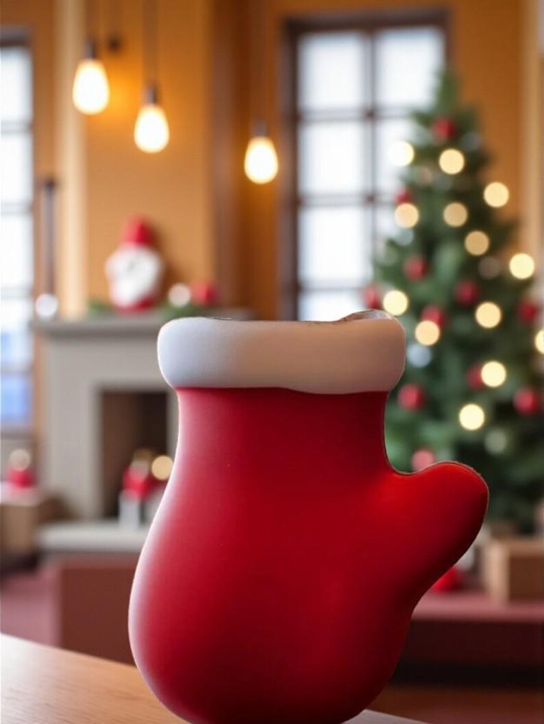 May include: A red mitten-shaped decorative item with a white cuff. The mitten is the focal point, set against a blurred background featuring a Christmas tree and festive decorations, evoking a holiday theme.