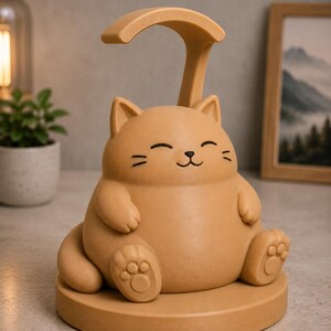 May include: A tan cat-shaped desk lamp with a smiling face, sitting on a round base. The lamp has a curved arm extending upwards. The design is whimsical and playful, suitable for a child's room or a cat lover's space.