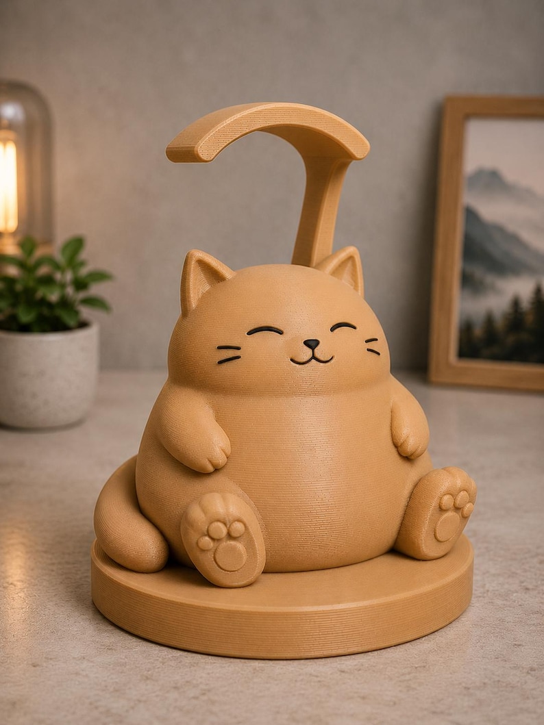 May include: A tan cat-shaped desk lamp with a smiling face, sitting on a round base. The lamp has a curved arm extending upwards. The design is whimsical and playful, suitable for a child's room or a cat lover's space.