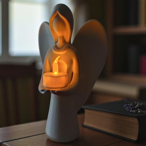 May include: A white ceramic angel figurine holding a glowing candle. The angel has large wings and a serene expression. The candle emits a warm, inviting light, creating a peaceful ambiance. The figurine is placed on a wooden table, with a book in the background.