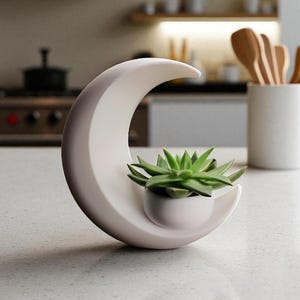 May include: A white ceramic crescent moon-shaped planter with a small succulent plant in a white pot. The planter has a smooth, curved design and is on a light-coloured countertop. The succulent has green leaves.