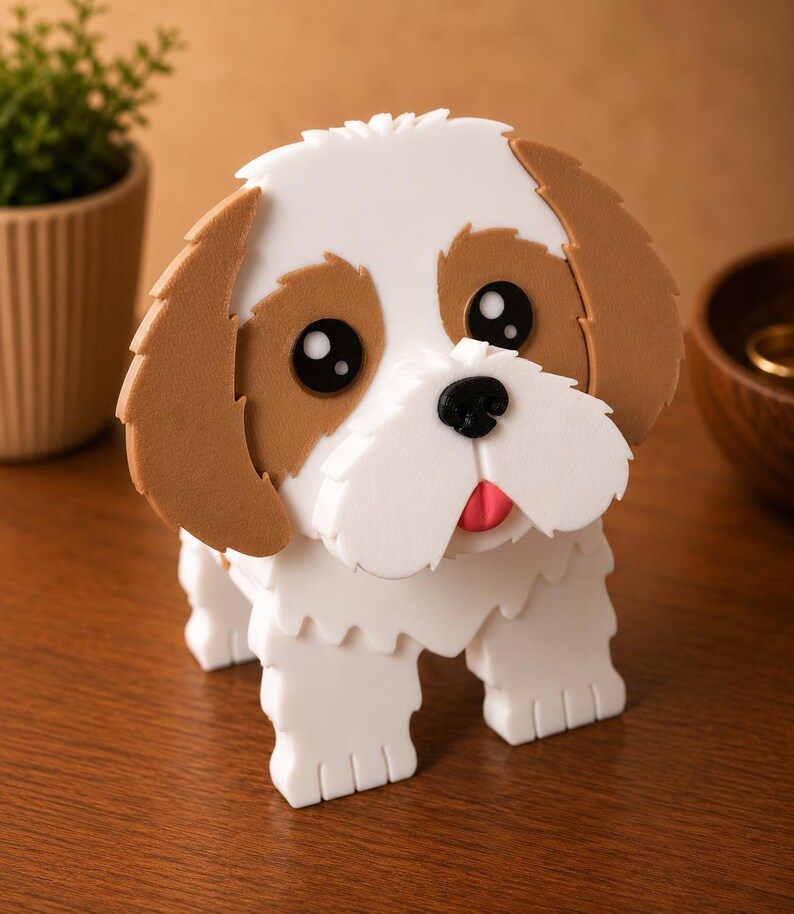 May include: A white and brown dog figurine with large black eyes, a black nose, and a pink tongue. The dog has a layered design and is sitting on a wooden surface. The figurine is a decorative item.