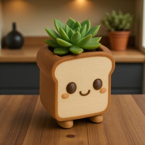 May include: A novelty bread-shaped plant pot with a smiling face, containing a green succulent. The pot is made of light brown wood with a tan bread slice design. It has small feet and brown eyes.
