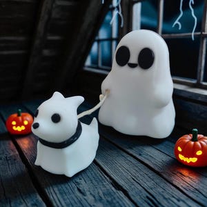 Ghost Walking Dog Figurine | Cute Ghost with Dog Decor | Halloween Ghost Figure | Whimsical Spooky Decoration