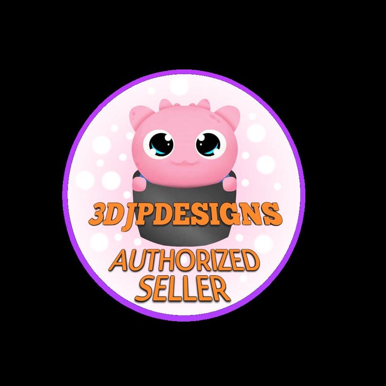 May include: A circular logo featuring a pink cartoon creature with large eyes and a black outfit. The logo includes the text "3DJPDESIGNS AUTHORIZED SELLER" in orange and white, set against a pink and white polka-dot background, with a purple border.