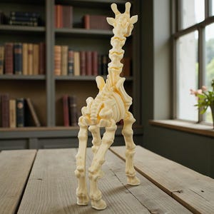 Op de afbeelding: Een cr&egrave;mekleurige girafskeletsculptuur staat op een houten tafel. Het gedetailleerde model toont de skeletstructuur van de giraffe, inclusief de wervelkolom, ribben en botten van de poten. De sculptuur is een uniek decoratief item.