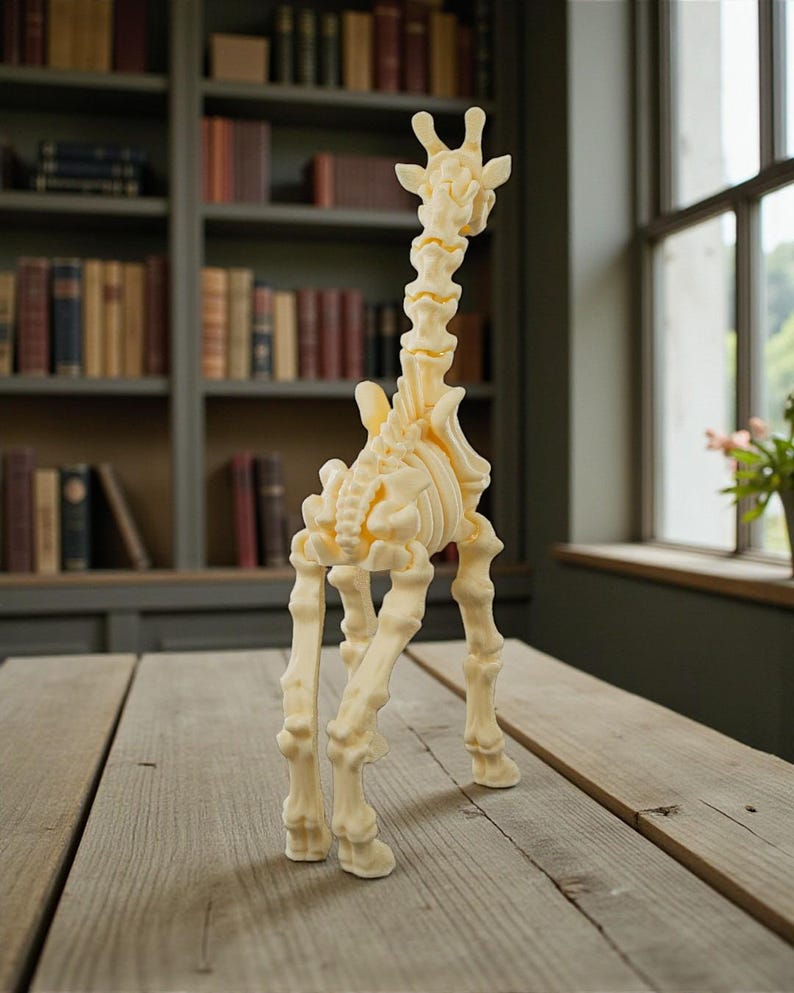 Op de afbeelding: Een cr&egrave;mekleurige girafskeletsculptuur staat op een houten tafel. Het gedetailleerde model toont de skeletstructuur van de giraffe, inclusief de wervelkolom, ribben en botten van de poten. De sculptuur is een uniek decoratief item.