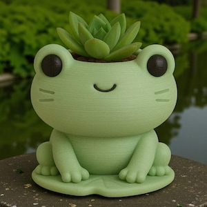 May include: A light green frog-shaped planter with a succulent plant. The frog has large black eyes, a smiling mouth, and sits on a lily pad base. The planter is made of a textured material.