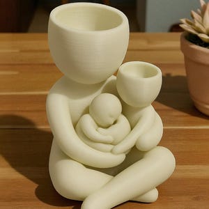 K&ouml;nnte beinhalten: Eine cremefarbene Skulptur einer sitzenden Figur, die zwei kleinere Figuren umarmt. Die gr&ouml;&szlig;ere Figur hat einen schalenf&ouml;rmigen Kopf und h&auml;lt die kleineren Figuren, ebenfalls mit schalenf&ouml;rmigen K&ouml;pfen. Die Skulptur steht auf einer Holzoberfl&auml;che.