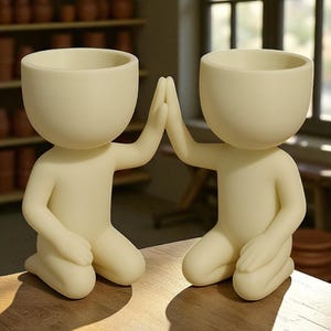 May include: Two cream-colored, kneeling human-shaped planters with open bowl-shaped heads. The figures are positioned with their hands raised in a high-five gesture. The planters are on a wooden surface, with a blurred background of shelves and windows.