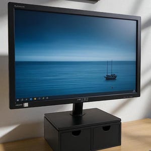 Puede incluir: Un monitor de ordenador negro que muestra un paisaje marino con un velero, montado en un soporte negro con dos cajones. El monitor y el soporte están sobre un escritorio de madera clara, con un teclado en primer plano.