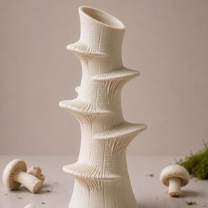 May include: A tall, off-white ceramic vase with a textured, layered design. The vase has a slanted opening at the top and a series of flared, circular tiers. Several mushrooms are scattered around the base of the vase.