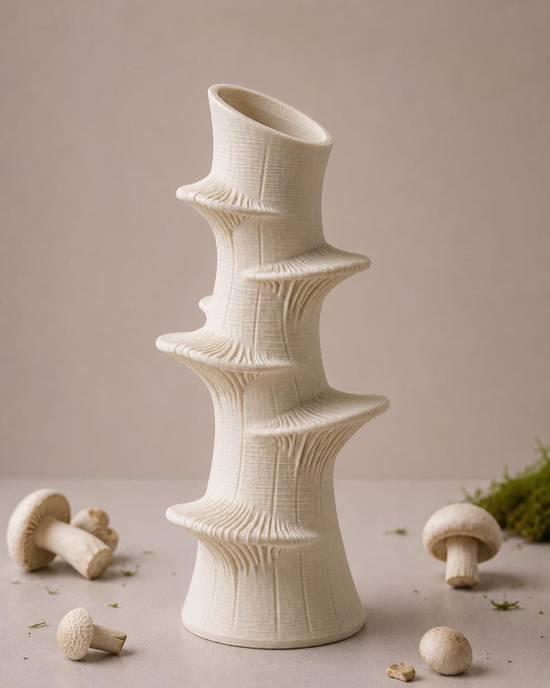 May include: A tall, off-white ceramic vase with a textured, layered design. The vase has a slanted opening at the top and a series of flared, circular tiers. Several mushrooms are scattered around the base of the vase.
