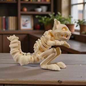 May include: A cream-colored squirrel skeleton figurine. The sculpture features detailed bone structure, including a long, curved tail and articulated limbs. The squirrel is posed in a seated position, with its front paws resting on a surface.