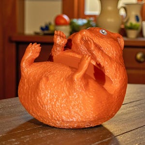K&ouml;nnte beinhalten: Eine orangefarbene, stilisierte Skulptur eines Eichh&ouml;rnchens, das auf dem R&uuml;cken liegt und die Pfoten hochh&auml;lt. Das Eichh&ouml;rnchen hat eine strukturierte Oberfl&auml;che und ein einzelnes, blaues Auge. Die Skulptur liegt auf einer Holzoberfl&auml;che.