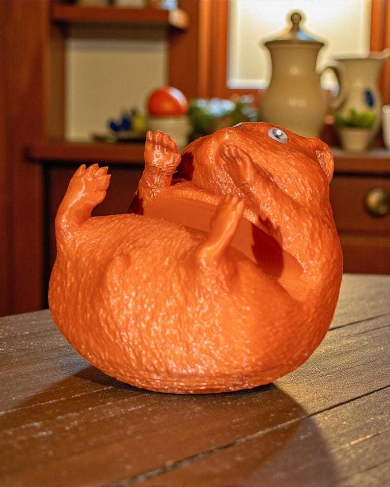 K&ouml;nnte beinhalten: Eine orangefarbene, stilisierte Skulptur eines Eichh&ouml;rnchens, das auf dem R&uuml;cken liegt und die Pfoten hochh&auml;lt. Das Eichh&ouml;rnchen hat eine strukturierte Oberfl&auml;che und ein einzelnes, blaues Auge. Die Skulptur liegt auf einer Holzoberfl&auml;che.