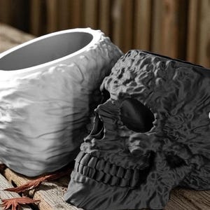 May include: Two decorative skull-shaped planters. One planter is black, and the other is white. Both planters have a textured, weathered appearance. The planters are made of a durable material and are suitable for indoor or outdoor use.