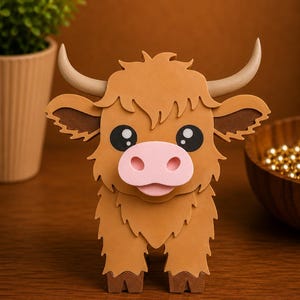 May include: A brown, layered paper craft of a Highland cow with large, black eyes, a pink nose, and curved horns. The cow has shaggy fur and is standing upright. The background includes a wooden table, a plant, and a wooden bowl.