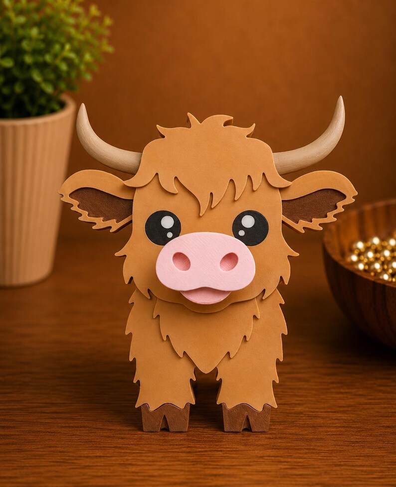 May include: A brown, layered paper craft of a Highland cow with large, black eyes, a pink nose, and curved horns. The cow has shaggy fur and is standing upright. The background includes a wooden table, a plant, and a wooden bowl.