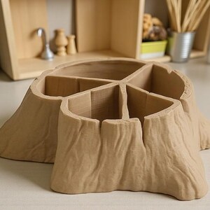 May include: A light brown, tree stump-shaped organizer with five compartments. The organizer has a textured surface resembling tree bark. The compartments are divided by vertical walls, creating separate storage spaces. The overall design is rustic and natural.