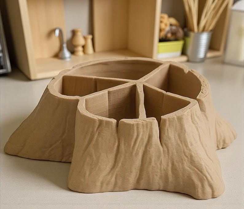 May include: A light brown, tree stump-shaped organizer with five compartments. The organizer has a textured surface resembling tree bark. The compartments are divided by vertical walls, creating separate storage spaces. The overall design is rustic and natural.