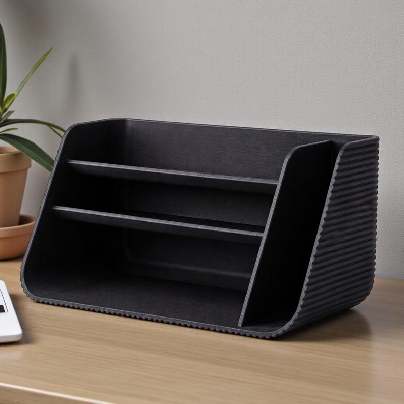 May include: A black desk organizer with two shelves and a vertical divider. The organizer has a curved design and a textured, ribbed side. It sits on a light brown wooden surface.