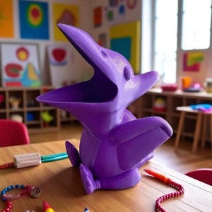 May include: A vibrant purple pterodactyl-shaped container, likely 3D-printed, with an open mouth and outstretched wings. The container sits on a wooden table, surrounded by colorful art supplies and a beaded bracelet. The design is whimsical and playful.