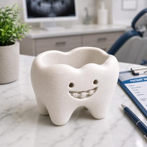 May include: A white ceramic tooth-shaped container with a smiling face and braces. The container has a hollowed-out top and is sitting on a marble surface. The container is a decorative item.
