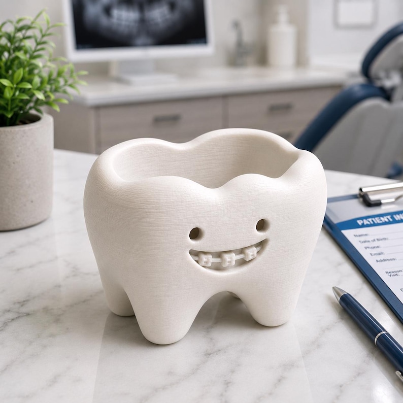 May include: A white ceramic tooth-shaped container with a smiling face and braces. The container has a hollowed-out top and is sitting on a marble surface. The container is a decorative item.