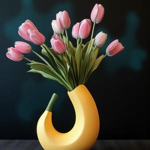 May include: A unique yellow banana-shaped vase holding a bouquet of pink tulips with green stems and leaves. The vase has a green stem-like detail at the top. The background is a dark teal color, and the vase sits on a dark surface.