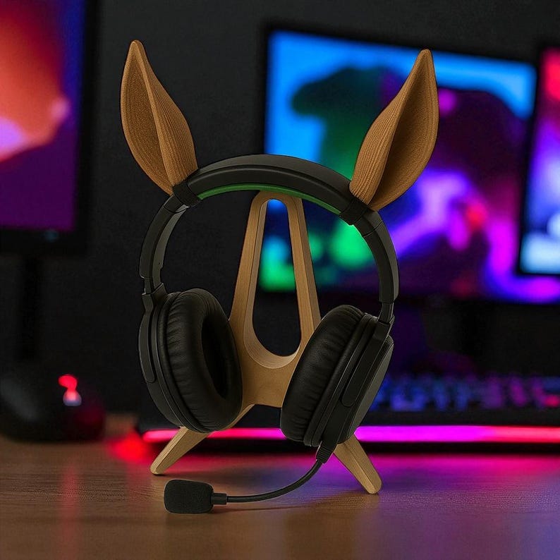 Puede incluir: Un soporte de auriculares de madera con forma de cabeza de ciervo estilizada, con grandes orejas erguidas. Unos auriculares para juegos negros con micr&oacute;fono descansan sobre el soporte. El soporte est&aacute; sobre una superficie de madera, con monitores de ordenador al fondo.