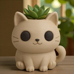 May include: A beige cat-shaped planter with dark brown eyes and a small, smiling mouth. The planter holds a green succulent plant. The cat has a textured surface and is sitting with its tail curled.