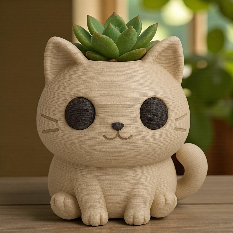 May include: A beige cat-shaped planter with dark brown eyes and a small, smiling mouth. The planter holds a green succulent plant. The cat has a textured surface and is sitting with its tail curled.