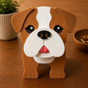 May include: A brown, white, and black bulldog-shaped decorative box. The bulldog has large, expressive eyes, a pink tongue, and a white muzzle. The box is made of a sturdy material and is designed to stand upright.