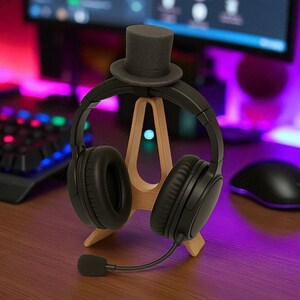 May include: A black headset with a microphone rests on a wooden headphone stand. A small, gray top hat sits atop the stand. The stand is on a wooden desk, with a keyboard and mouse in the background.
