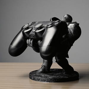 May include: A black sculpture of a knight holding a black video game controller. The knight is detailed with armor and stands on a decorative base. The controller features buttons and joysticks.