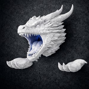 May include: A detailed, white dragon head sculpture with an open mouth revealing a blue interior. The sculpture includes horns, scales, and sharp teeth. Two detached dragon claws are also visible, all set against a dark gray background.