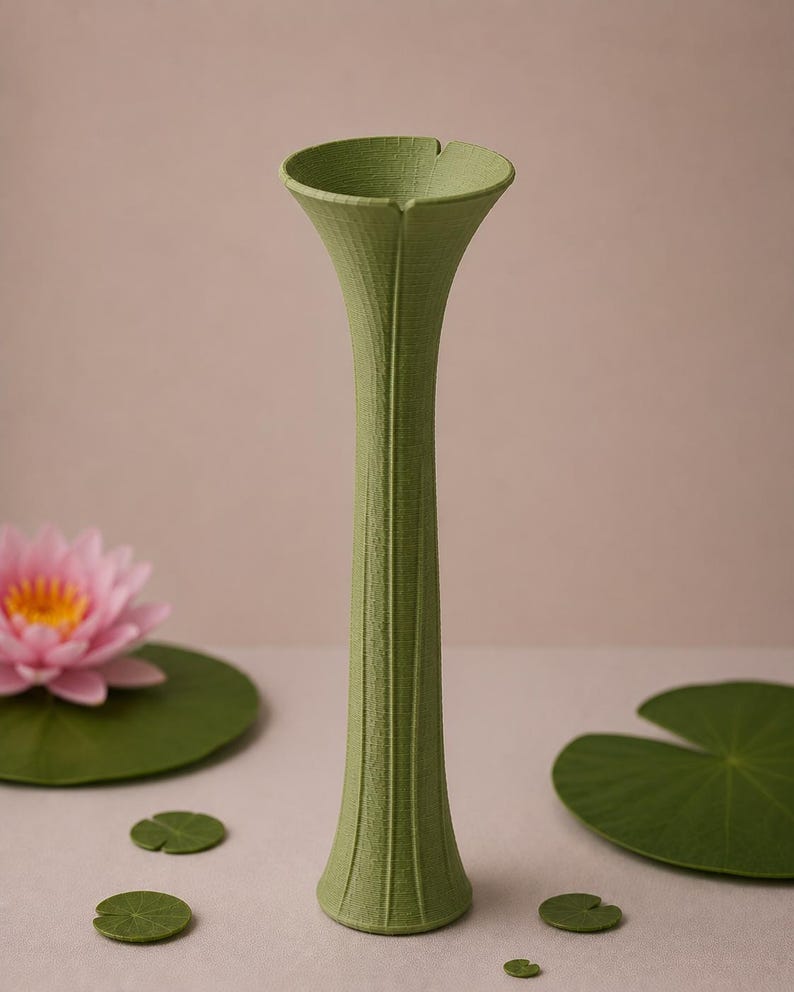 May include: A tall, green vase with a textured surface and a flared top. The vase is surrounded by green lily pads and a pink water lily. The vase is approximately 12 inches tall.