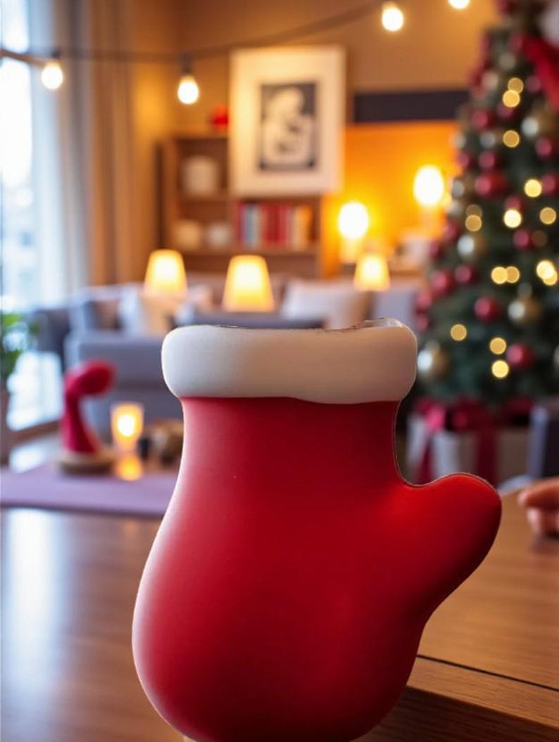 May include: A red mitten-shaped decorative item with a white cuff, likely a Christmas ornament or decoration. The mitten is smooth and glossy, with a rounded shape and a thumb. The background shows a Christmas tree and a cozy living room setting.