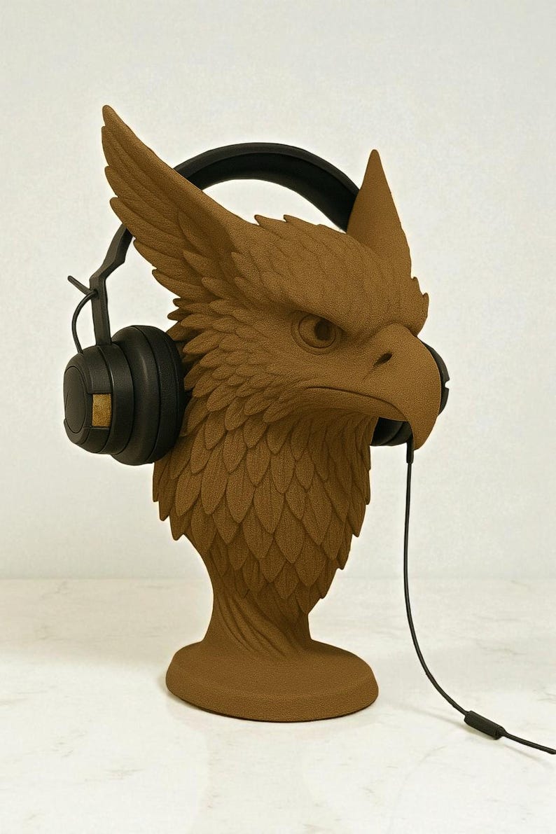 May include: A brown griffin head sculpture wearing black headphones. The sculpture has detailed feather-like textures and is mounted on a pedestal base. The headphones have black earcups and a black headband.