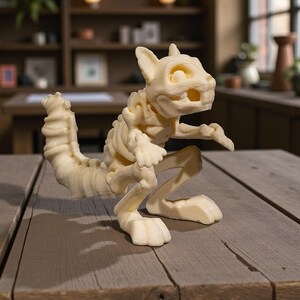 May include: A cream-colored, skeletal figurine of a cat-like creature, posed on a wooden table. The sculpture has detailed bone structure and is posed in a crouching position. The background includes a blurred interior with shelves and windows.
