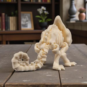 Op de afbeelding: Een cr&egrave;mekleurige, 3D-geprinte sculptuur van een fantastisch wezen met een schelpachtig lichaam, een gesegmenteerde staart en klauwpoten. De sculptuur wordt tentoongesteld op een houten oppervlak, waarbij het ingewikkelde ontwerp en de textuur worden getoond.