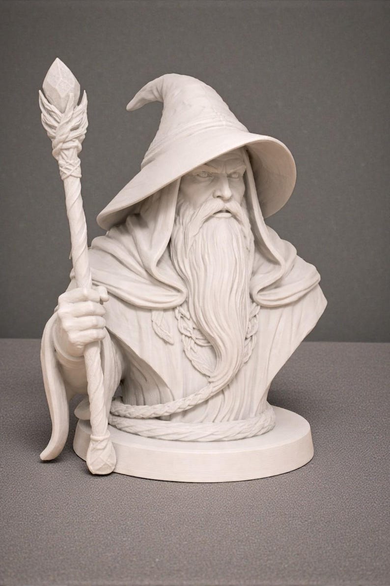 May include: A white bust of a wizard with a long beard, a pointed hat, and a staff topped with a crystal. The wizard's face has a stern expression. The bust is on a round base.