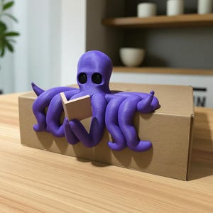 May include: A purple octopus figurine reading a book, perched on a cardboard box. The octopus has large, black eyes and its tentacles are wrapped around the box. The book is a light tan color.