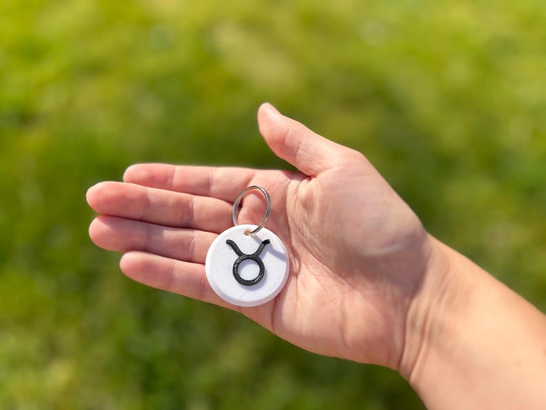 May include: White circular keyring with a black Taurus zodiac symbol.
