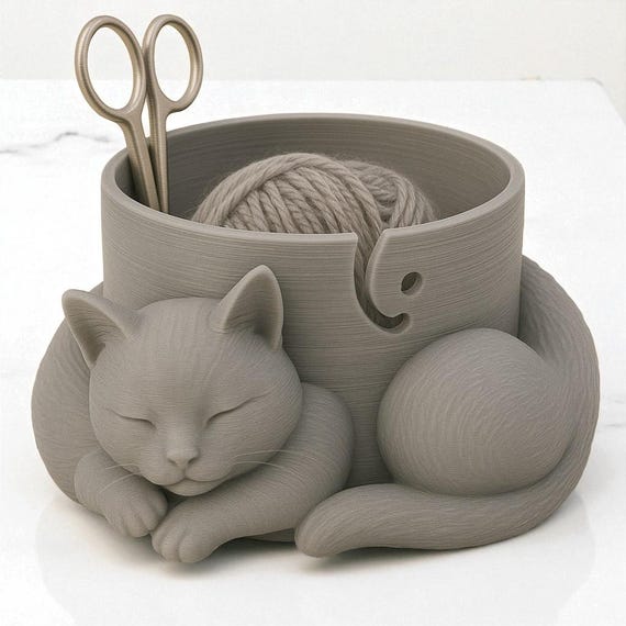 3D Printed Cat Yarn Storage Bowl | Dreamy Sleeping Cat Design For Crocheting & Knitting Organization 6 thumbnail image