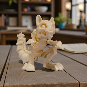 May include: A cream-colored, skeletal cat figurine with a long tail, posed on a wooden surface. The cat is in a crouching position, with its paws and tail visible. The figurine is detailed, showcasing the bone structure. The background includes a bookshelf and soft lighting.