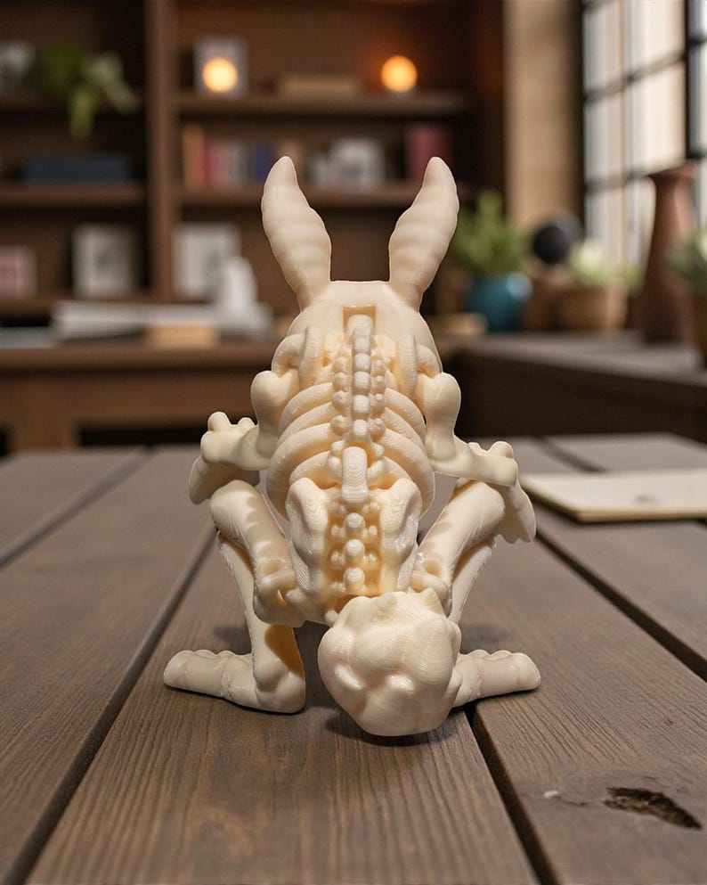Puede incluir: Una escultura de esqueleto de conejo, impresa en 3D, de color crema. La escultura est&aacute; en posici&oacute;n agachada, con las orejas erguidas. Los detalles de la caja tor&aacute;cica, la columna vertebral y las extremidades son visibles. Sobre una superficie de madera.
