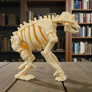 May include: A cream-colored, 3D-printed canine skeleton model. The model is posed in a standing position, showcasing the detailed structure of the rib cage, spine, and skull. The model is displayed on a wooden surface.